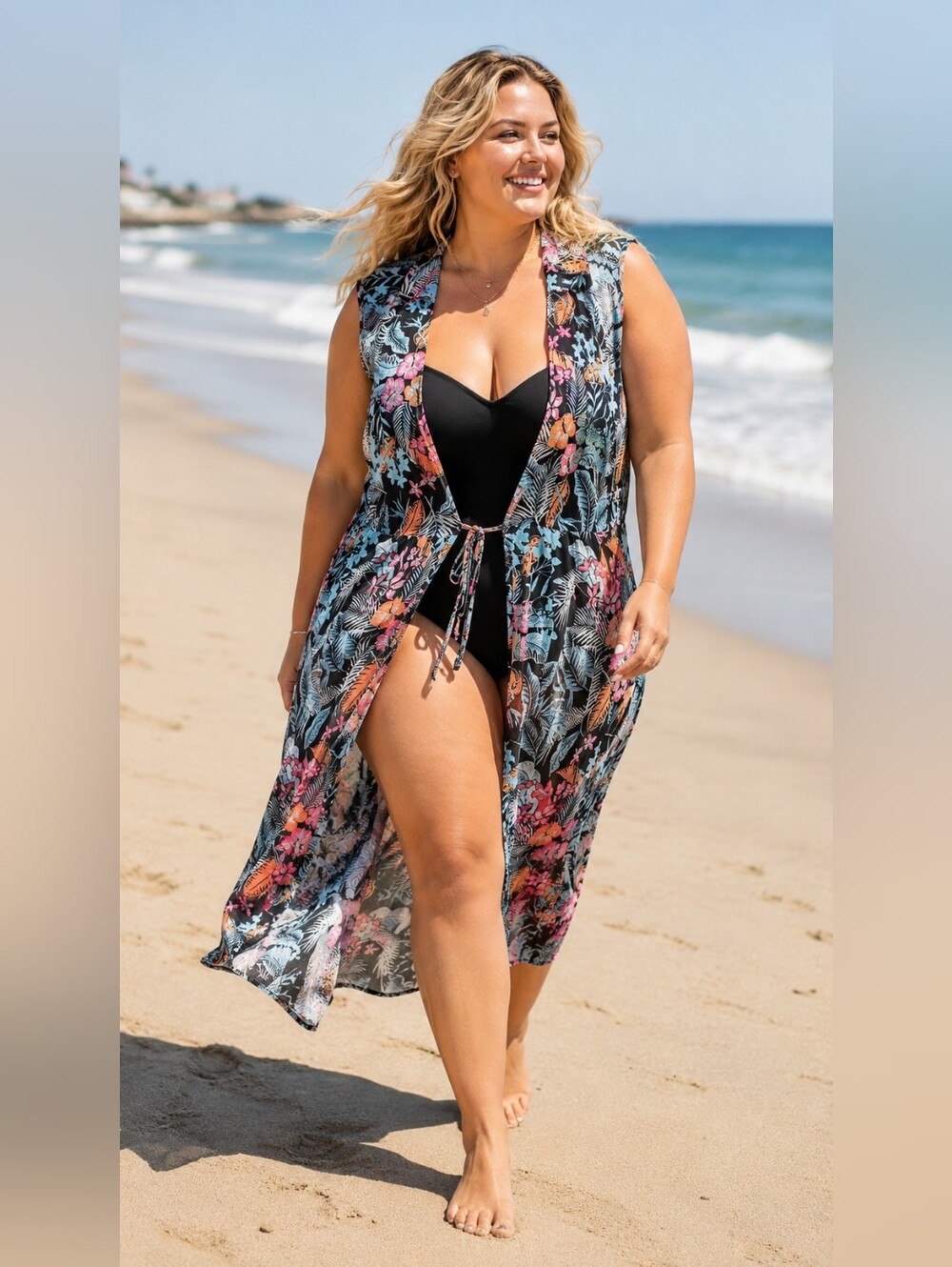 NWT A LOVE STORY Black Tropical Floral Print Collared Vest Mesh Duster 1XL 16
